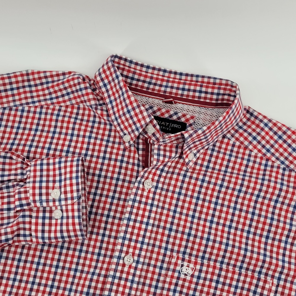 Ariat Pro Series Mens Large Red Blue Gingham Plaid Long Sleeve Button Down Shirt